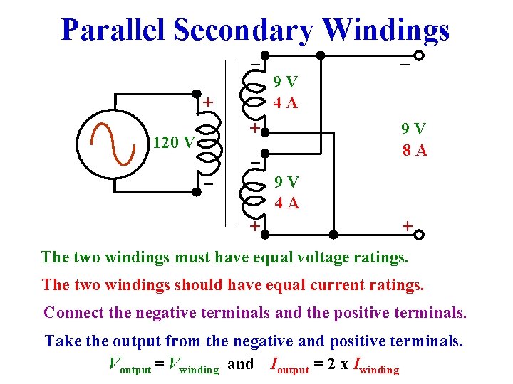 Parallel Secondary Windings _ _ 9 V 4 A + + _ 120 V