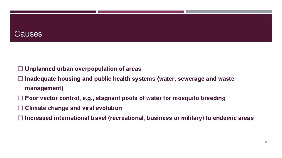 Causes � Unplanned urban overpopulation of areas � Inadequate housing and public health systems