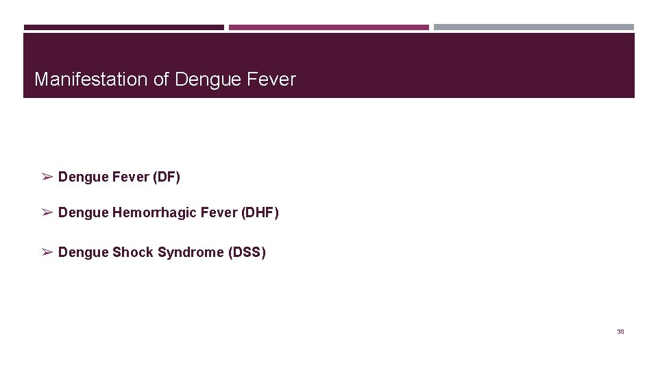 Manifestation of Dengue Fever ➢ Dengue Fever (DF) ➢ Dengue Hemorrhagic Fever (DHF) ➢
