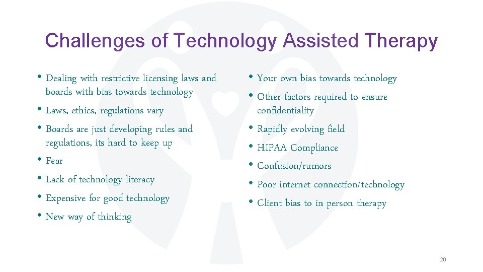 Challenges of Technology Assisted Therapy • Dealing with restrictive licensing laws and boards with