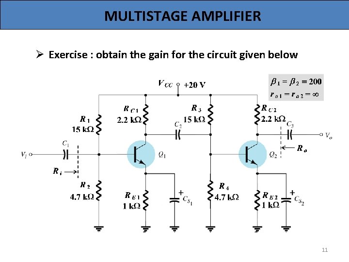 MULTISTAGE AMPLIFIER Ø Exercise : obtain the gain for the circuit given below 11
