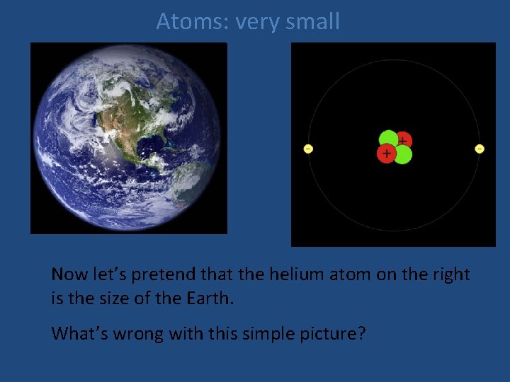 Atoms: very small Now let’s pretend that the helium atom on the right is