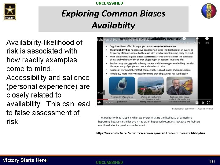 UNCLASSIFIED Exploring Common Biases Availabilty Availability-likelihood of risk is associated with how readily examples UNCLASSIFIED Exploring Common Biases Availabilty Availability-likelihood of risk is associated with how readily examples