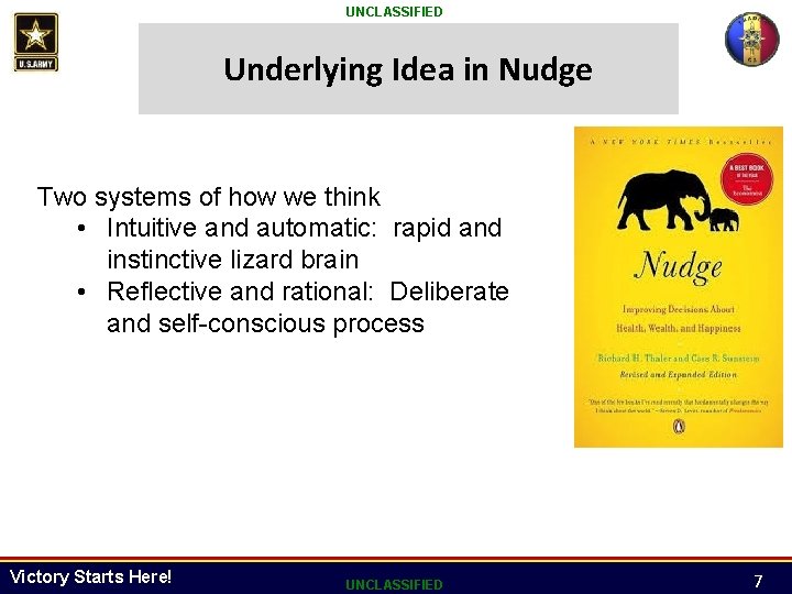 UNCLASSIFIED Underlying Idea in Nudge Two systems of how we think • Intuitive and UNCLASSIFIED Underlying Idea in Nudge Two systems of how we think • Intuitive and