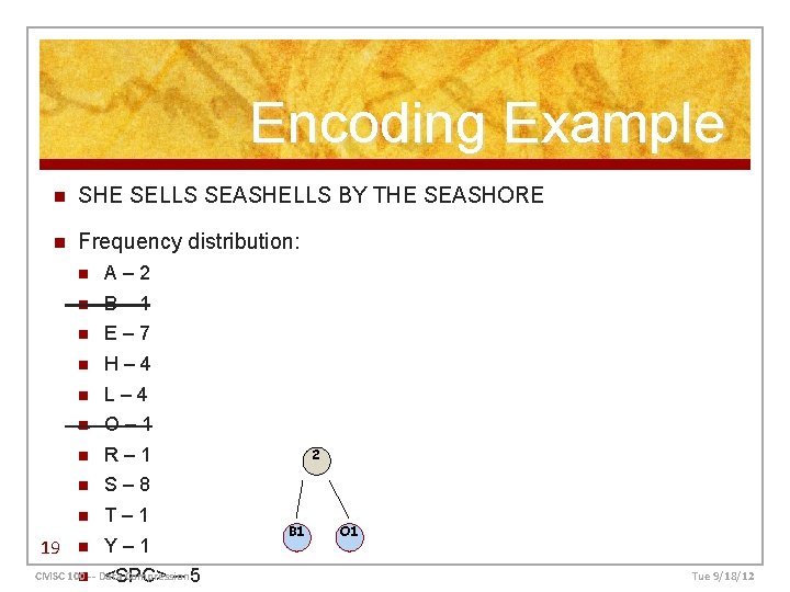 Encoding Example n SHE SELLS SEASHELLS BY THE SEASHORE n Frequency distribution: 19 n