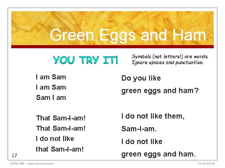 Green Eggs and Ham Symbols (not letters!) are words. Ignore spaces and punctuation. I