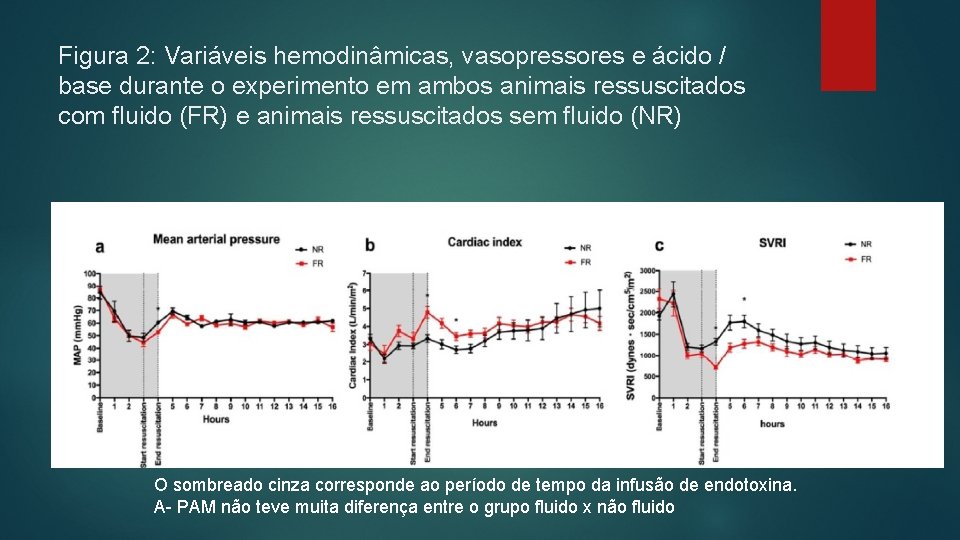 Figura 2: Variáveis hemodinâmicas, vasopressores e ácido / base durante o experimento em ambos