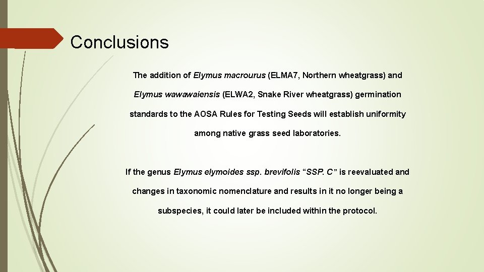 Conclusions The addition of Elymus macrourus (ELMA 7, Northern wheatgrass) and Elymus wawawaiensis (ELWA