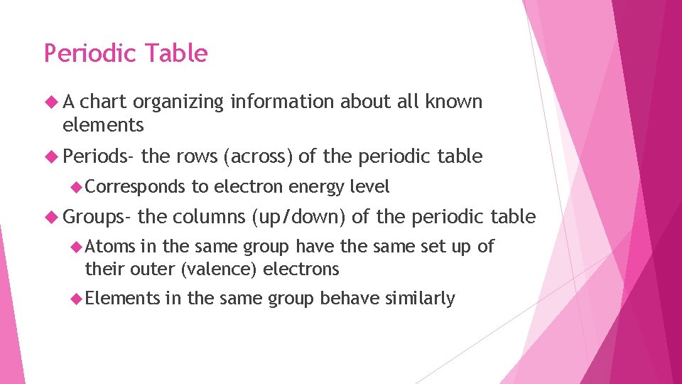 Periodic Table A chart organizing information about all known elements Periods- the rows (across)