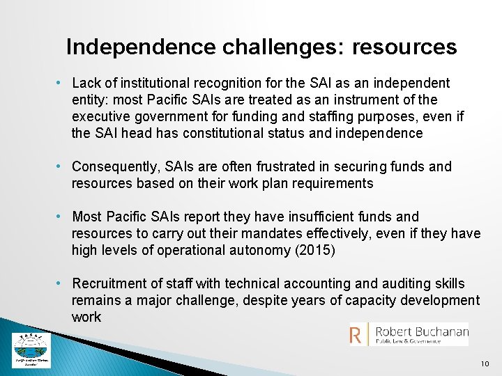 Independence challenges: resources • Lack of institutional recognition for the SAI as an independent