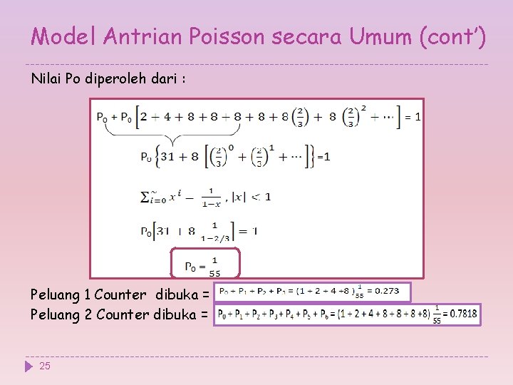 Model Antrian Poisson secara Umum (cont’) Nilai Po diperoleh dari : Peluang 1 Counter