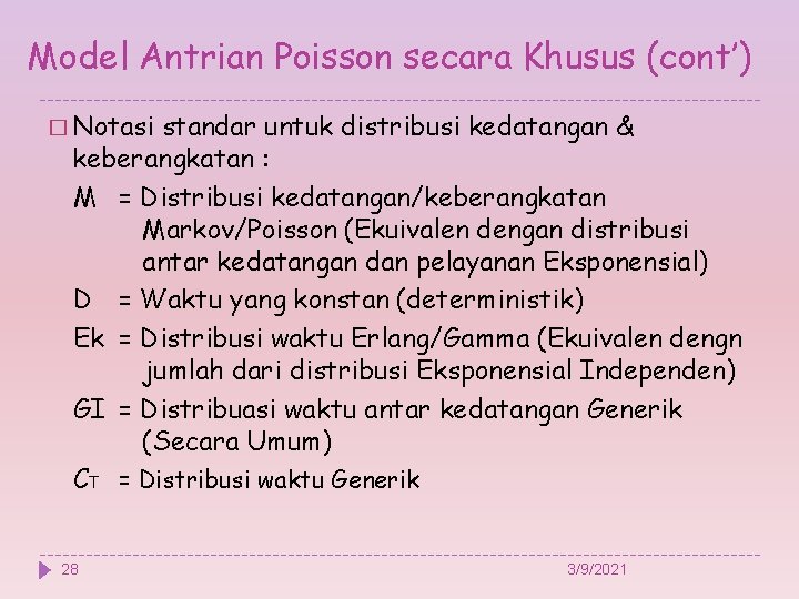 Model Antrian Poisson secara Khusus (cont’) � Notasi standar untuk distribusi kedatangan & keberangkatan