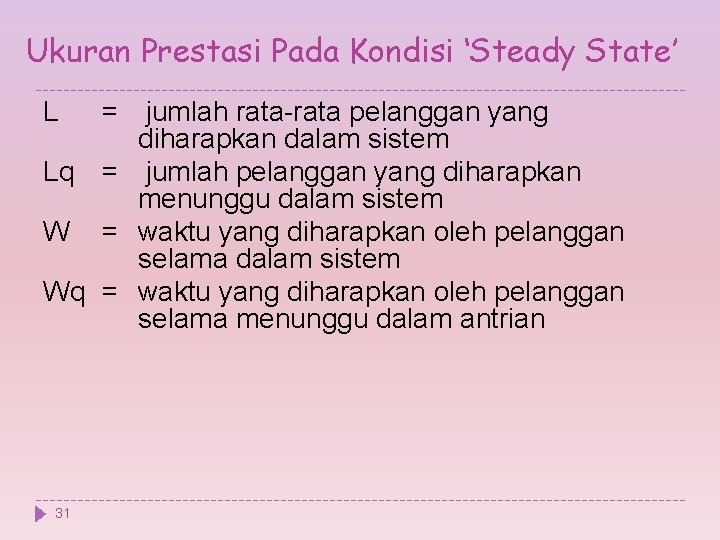 Ukuran Prestasi Pada Kondisi ‘Steady State’ L = jumlah rata-rata pelanggan yang diharapkan dalam