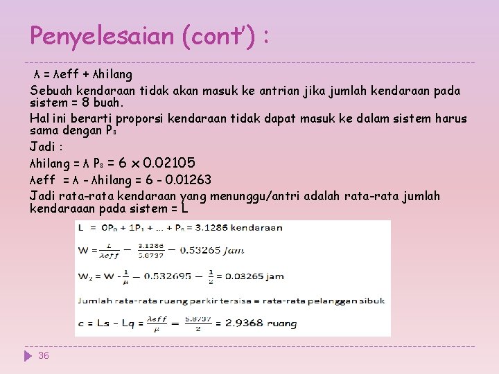 Penyelesaian (cont’) : λ = λeff + λhilang Sebuah kendaraan tidak akan masuk ke