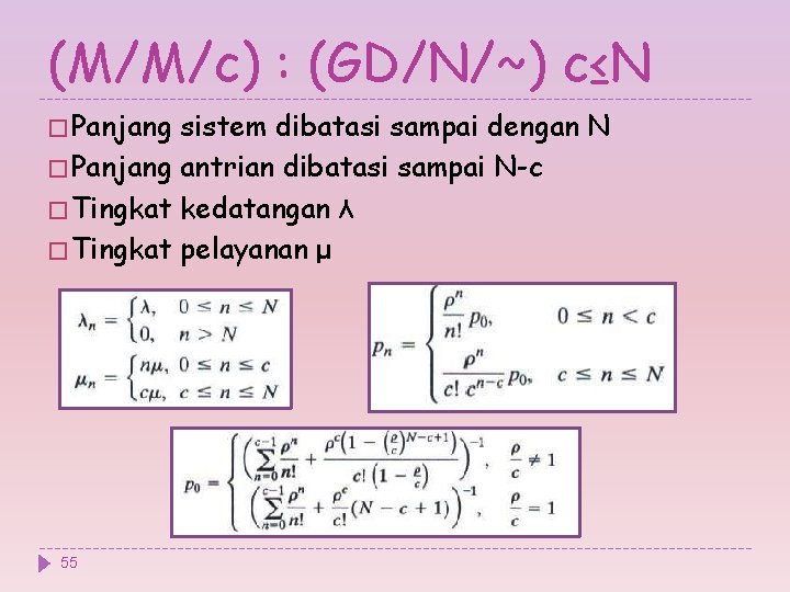 (M/M/c) : (GD/N/~) c≤N � Panjang sistem dibatasi sampai dengan N � Panjang antrian