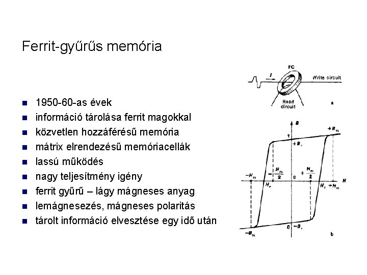 Ferrit-gyűrűs memória 1950 -60 -as évek információ tárolása ferrit magokkal közvetlen hozzáférésű memória mátrix