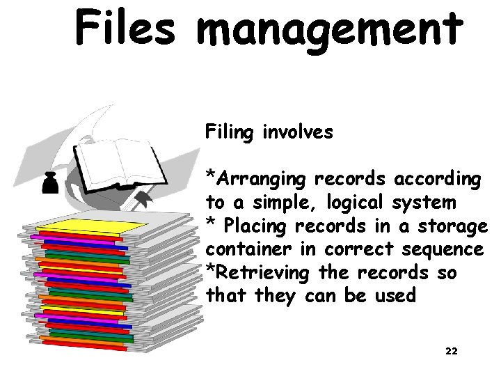 Files management Filing involves *Arranging records according to a simple, logical system * Placing