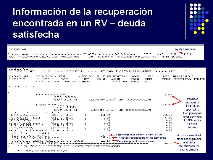 Información de la recuperación encontrada en un RV – deuda satisfecha Payable amount of