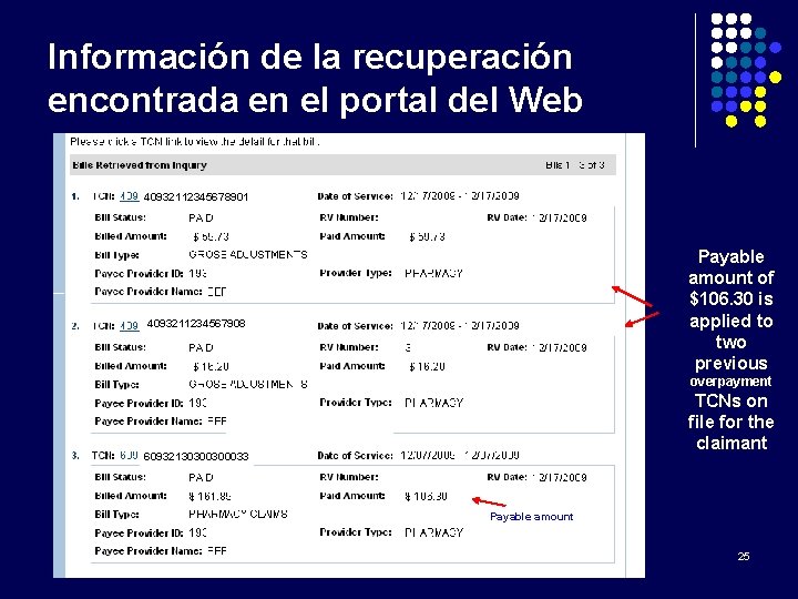 Información de la recuperación encontrada en el portal del Web 40932112345678901 Payable amount of