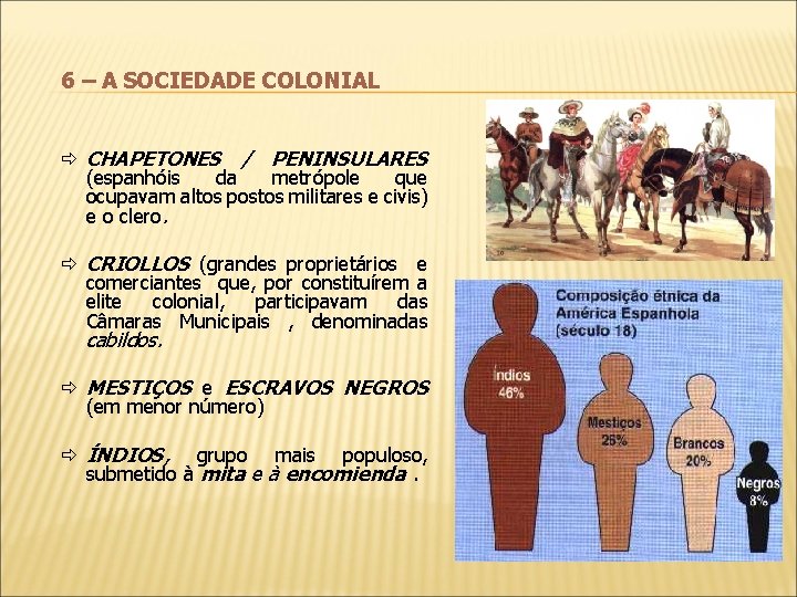 6 – A SOCIEDADE COLONIAL ð CHAPETONES / PENINSULARES (espanhóis da metrópole que ocupavam