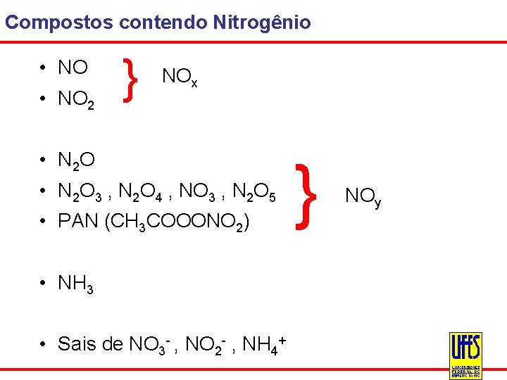 Compostos contendo Nitrogênio • NO 2 } NOx • N 2 O 3 ,
