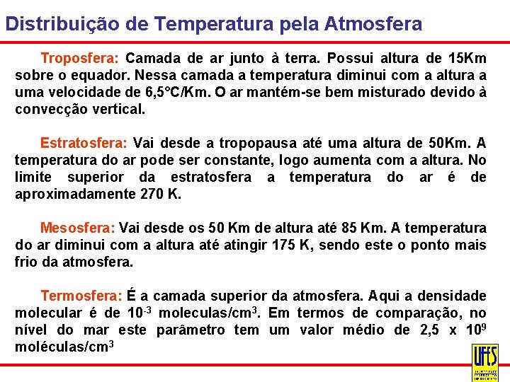 Distribuição de Temperatura pela Atmosfera Troposfera: Camada de ar junto à terra. Possui altura