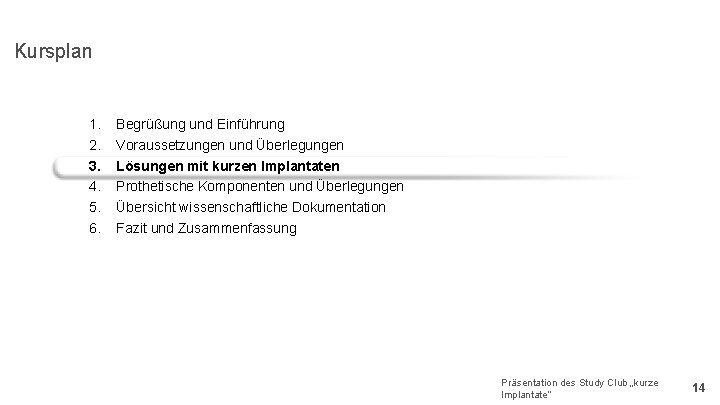 Kursplan 1. 2. 3. 4. 5. 6. Begrüßung und Einführung Voraussetzungen und Überlegungen Lösungen