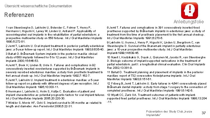 Übersicht wissenschaftliche Dokumentation Referenzen Anleitungsfolie 1 van Steenberghe D, Lekholm U, Bolender C, Folmer