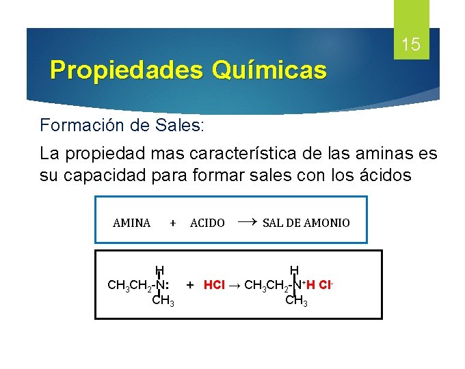 15 Propiedades Químicas Formación de Sales: La propiedad mas característica de las aminas es