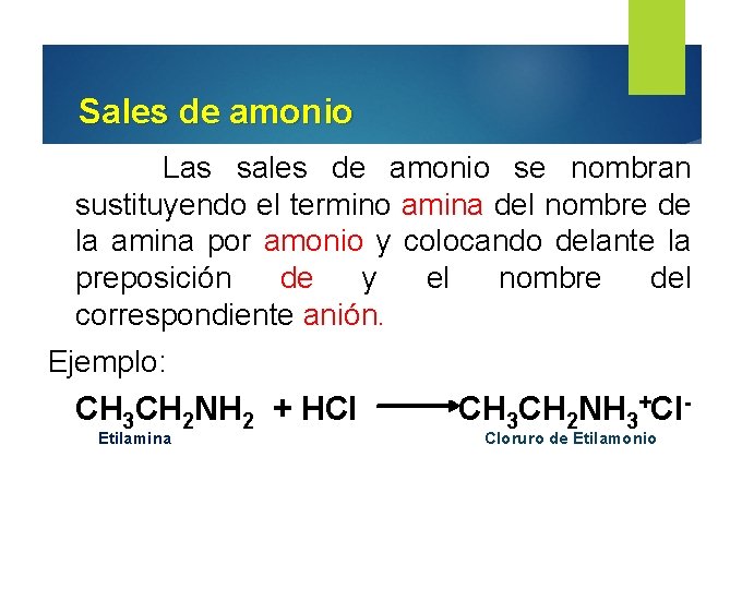 Sales de amonio Las sales de amonio se nombran sustituyendo el termino amina del