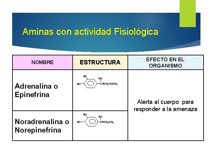 Aminas con actividad Fisiológica ESTRUCTURA NOMBRE HO Noradrenalina o Norepinefrina HO HO HO CHCH