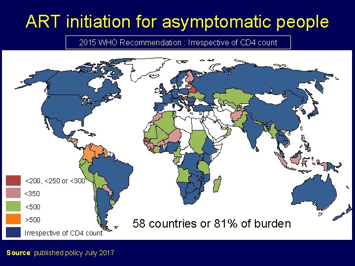 ART initiation for asymptomatic people 2015 WHO Recommendation : Irrespective of CD 4 count