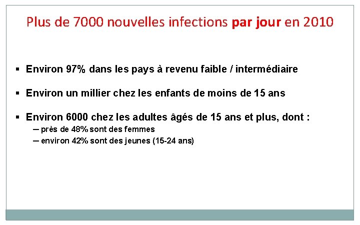 Plus de 7000 nouvelles infections par jour en 2010 § Environ 97% dans les Plus de 7000 nouvelles infections par jour en 2010 § Environ 97% dans les