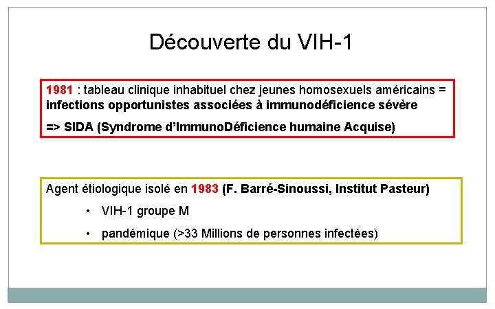 Découverte du VIH-1 1981 : tableau clinique inhabituel chez jeunes homosexuels américains = infections Découverte du VIH-1 1981 : tableau clinique inhabituel chez jeunes homosexuels américains = infections
