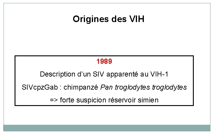 Origines des VIH 1989 Description d’un SIV apparenté au VIH-1 SIVcpz. Gab : chimpanzé Origines des VIH 1989 Description d’un SIV apparenté au VIH-1 SIVcpz. Gab : chimpanzé