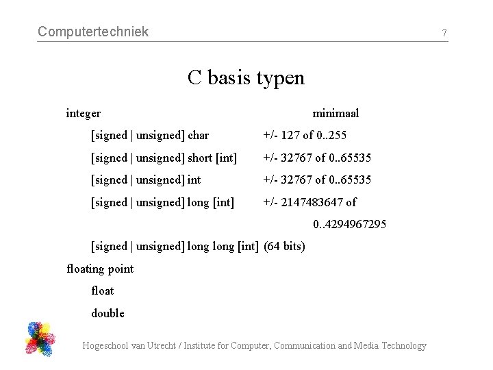 Computertechniek 7 C basis typen integer minimaal [signed | unsigned] char +/- 127 of