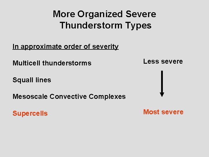 More Organized Severe Thunderstorm Types In approximate order of severity Multicell thunderstorms Less severe