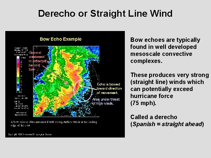 Derecho or Straight Line Wind Bow echoes are typically found in well developed mesoscale