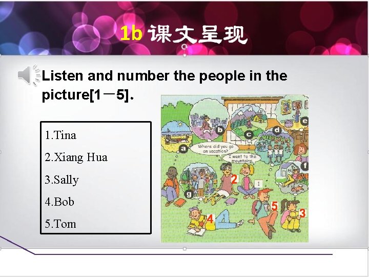 1 b Listen and number the people in the picture[1－5]． 1. Tina　 2. Xiang