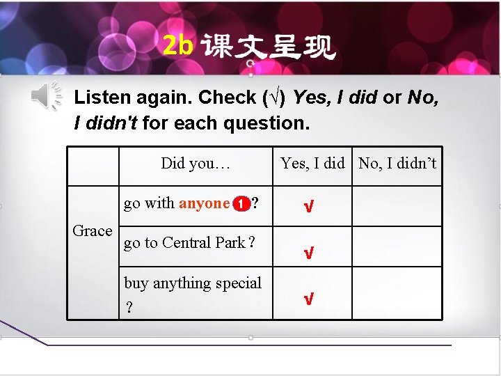 2 b Listen again. Check (√) Yes, I did or No, I didn't for