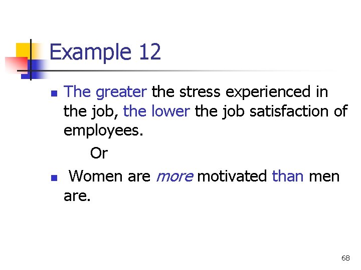 Example 12 n n The greater the stress experienced in the job, the lower