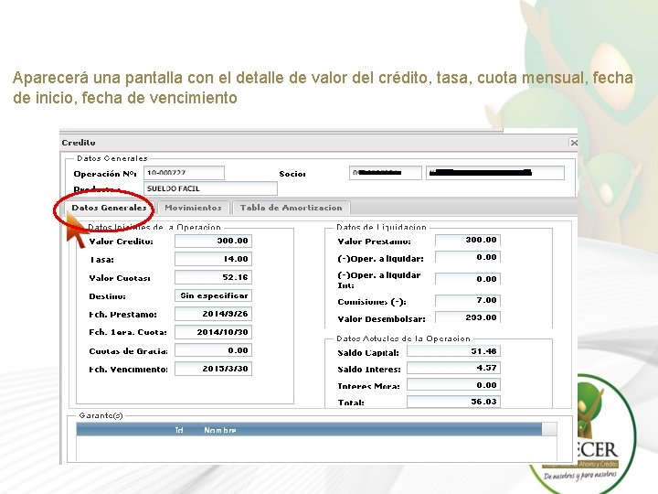 Aparecerá una pantalla con el detalle de valor del crédito, tasa, cuota mensual, fecha