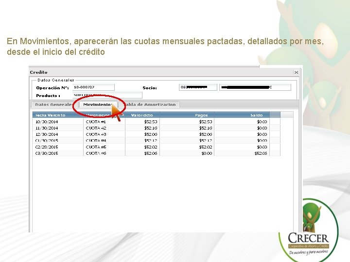 En Movimientos, aparecerán las cuotas mensuales pactadas, detallados por mes, desde el inicio del