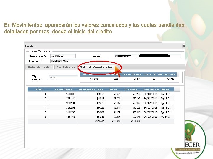 En Movimientos, aparecerán los valores cancelados y las cuotas pendientes, detallados por mes, desde