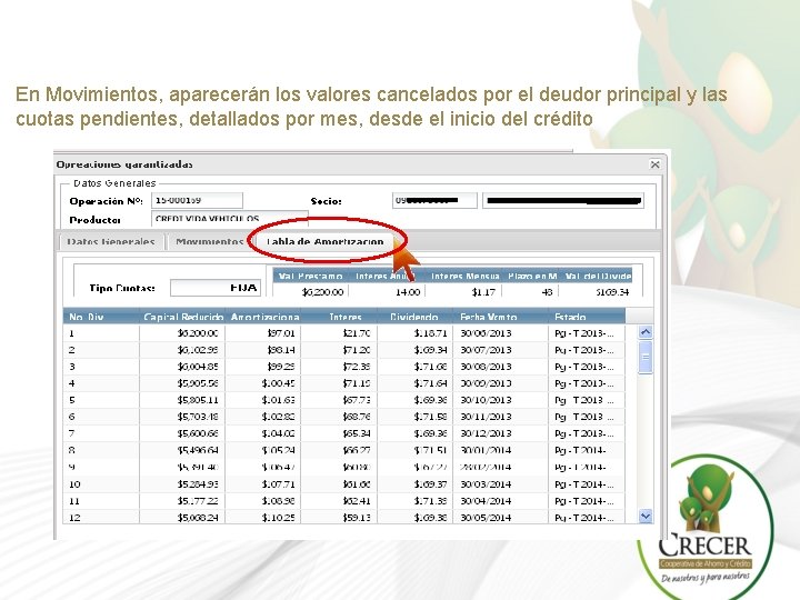 En Movimientos, aparecerán los valores cancelados por el deudor principal y las cuotas pendientes,