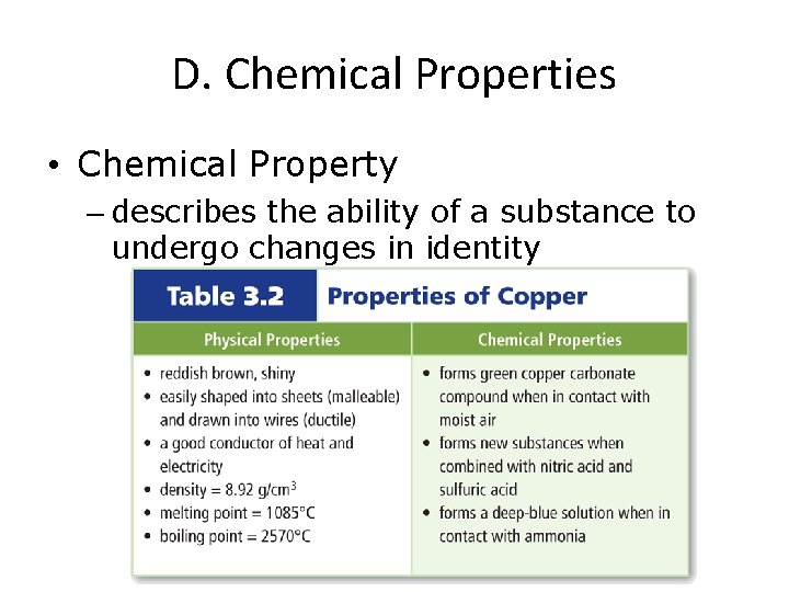 D. Chemical Properties • Chemical Property – describes the ability of a substance to