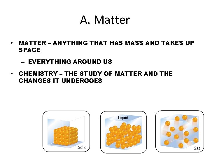 A. Matter • MATTER – ANYTHING THAT HAS MASS AND TAKES UP SPACE –
