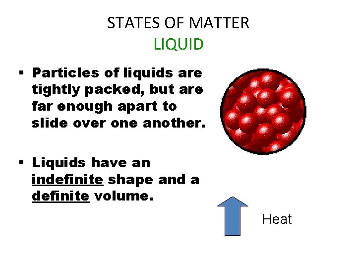 STATES OF MATTER LIQUID § Particles of liquids are tightly packed, but are far