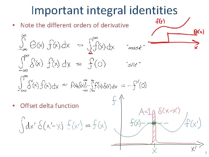 Important integral identities • Note the different orders of derivative • Offset delta function