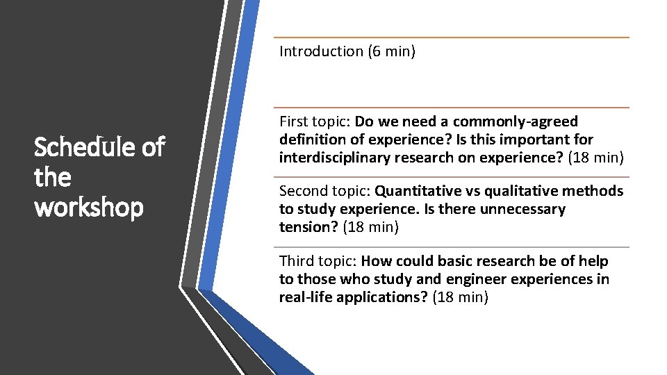 Introduction (6 min) Schedule of the workshop First topic: Do we need a commonly-agreed